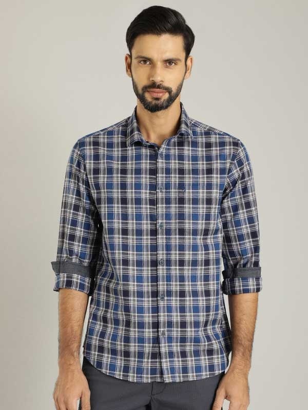 Indian Terrain Men's Slim Fit Full Sleeve Checkered Navy Shirt